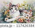 Portrait of kitten in flowers 117426384