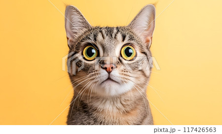 Cat with a surprised look on orange background. Generative AI. Cat with a surprised look on orange background. Generative AI. 117426563