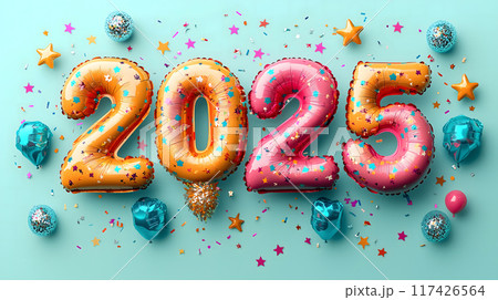 The text 2025 as shiny balloons festive elements. Generative AI. 117426564