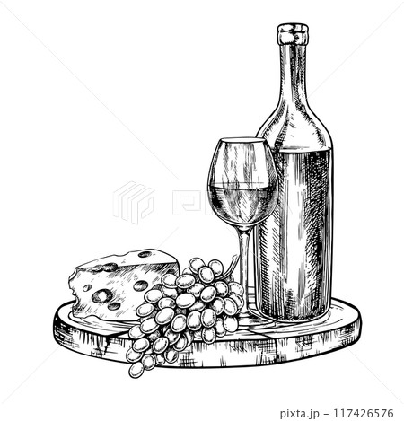 A bottle and a glass of wine with cheese and grapes. A graphic vector illustration drawn by hand. Isolate on a white background. For packages, labels. For banners and posters. For restaurants and bars A bottle and a glass of wine with cheese and grapes. A graphic vector illustration drawn by hand. Isolate on a white background. For packages, labels. For banners and posters. For restaurants and bars 117426576