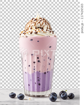 Montana Huckleberry Milkshake Bar Tall glass with ice cream milk huckleberries and various toppings served 117426583