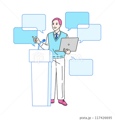 パソコンを片手に答弁台に向かう男性のイラスト　討論者 117426695