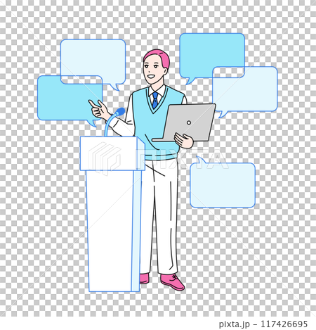 パソコンを片手に答弁台に向かう男性のイラスト　討論者 117426695