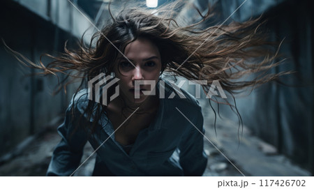 Scared adult girl runs down alley at night alone, terrified young woman escapes in dark corridor or tunnel. Concept of fear, Halloween, scary movie, face, horror, lost 117426702