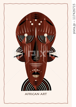 African mask ethnic tribal ritual flat vector illustration Primitive exotic mask of savages. Art design vintage engraving. Aztec Afro Indian Maya Mexican traditional native culture wooden carnival African mask ethnic tribal ritual flat vector illustration Primitive exotic mask of savages. Art design vintage engraving. Aztec Afro Indian Maya Mexican traditional native culture wooden carnival 117426715