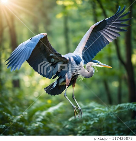 Nature's Grace: Soft-Toned Portrait of a Blue Heron in Forest Bokeh 117426875