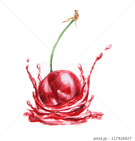 Red cherry in a splash. Juicy hand drawn watercolor illustration. Delicious food art, fresh botanical realistic painting. Summer berry clipart for menu, prints, packaging of farm goods, vegan products Red cherry in a splash. Juicy hand drawn watercolor illustration. Delicious food art, fresh botanical realistic painting. Summer berry clipart for menu, prints, packaging of farm goods, vegan products 117426927