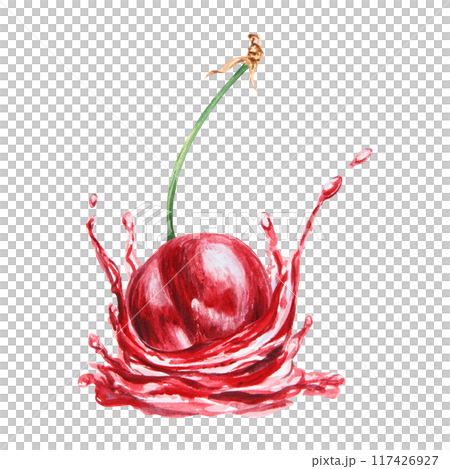 Red cherry in a splash. Juicy hand drawn watercolor illustration. Delicious food art, fresh botanical realistic painting. Summer berry clipart for menu, prints, packaging of farm goods, vegan products Red cherry in a splash. Juicy hand drawn watercolor illustration. Delicious food art, fresh botanical realistic painting. Summer berry clipart for menu, prints, packaging of farm goods, vegan products 117426927