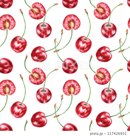 Half a red cherry seamless pattern. Juicy hand drawn watercolor background. Delicious food art, fresh botanical painting. Summer berry art for paper, packaging of farm goods, vegan products Half a red cherry seamless pattern. Juicy hand drawn watercolor background. Delicious food art, fresh botanical painting. Summer berry art for paper, packaging of farm goods, vegan products 117426931