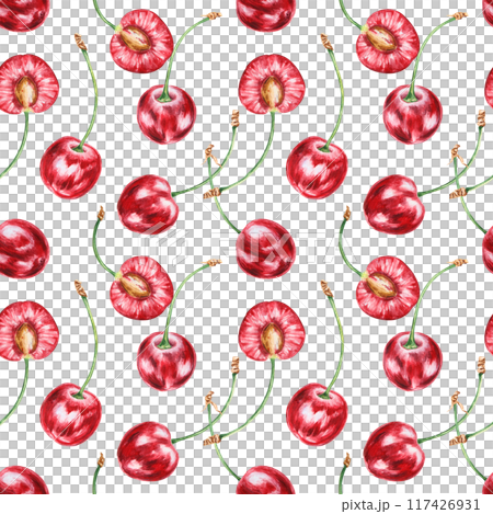 Half a red cherry seamless pattern. Juicy hand drawn watercolor background. Delicious food art, fresh botanical painting. Summer berry art for paper, packaging of farm goods, vegan products 117426931
