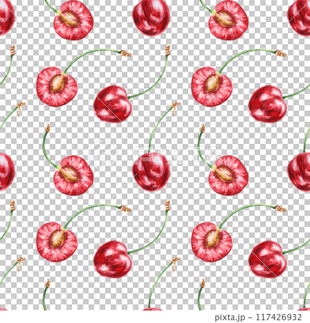 Half a red cherry seamless pattern. Juicy hand drawn watercolor background. Delicious food art, fresh botanical painting. Summer berry art for paper, packaging of farm goods, vegan products Half a red cherry seamless pattern. Juicy hand drawn watercolor background. Delicious food art, fresh botanical painting. Summer berry art for paper, packaging of farm goods, vegan products 117426932