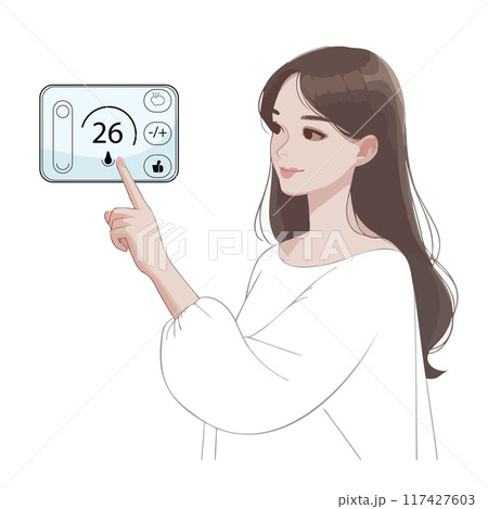 A full-length girl presses her finger on a touch thermostat, a minimalist cartoon style dimmer. The concept of using a smart home device. On a pure white background. A full-length girl presses her finger on a touch thermostat, a minimalist cartoon style dimmer. The concept of using a smart home device. On a pure white background. 117427603