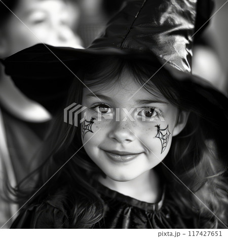 Close-up portrait of a smiling girl with Halloween makeup and witch hat. 117427651