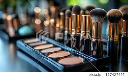 Different cosmetic products, makeup tools on a stylish dressing table. 117427665