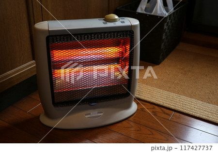 使用中の電気ストーブ（ヒーター2本タイプ、フローリング床上） 117427737