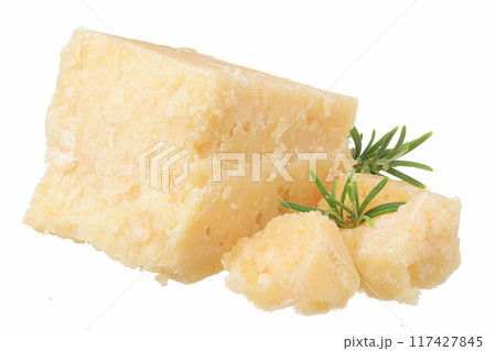 Pieces of parmesan cheese with rosemary isolated on white background 117427845