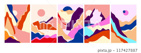Set of wall art illustrations featuring landscapes in Japanese or Korean style. The vector designs depict serene mountain scenes, sunrises, and sunsets 117427887