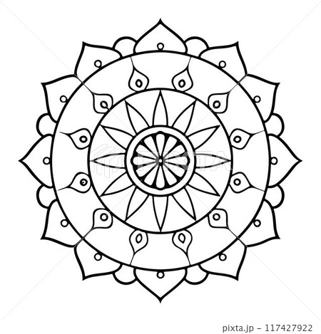 Hand-drawn mandala in vector format. A vibrantly decorated mandala. Separate flower decoration with a tribal theme. An anti stress coloring page for a coloring book.  Hand-drawn mandala in vector format. A vibrantly decorated mandala. Separate flower decoration with a tribal theme. An anti stress coloring page for a coloring book.  117427922