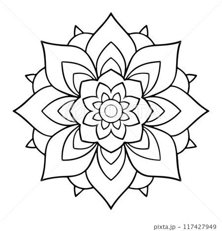 Hand-drawn mandala in vector format. A vibrantly decorated mandala. Separate flower decoration with a tribal theme. An anti stress coloring page for a coloring book. Hand-drawn mandala in vector format. A vibrantly decorated mandala. Separate flower decoration with a tribal theme. An anti stress coloring page for a coloring book. 117427949