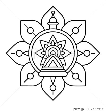 Hand-drawn mandala in vector format. A vibrantly decorated mandala. Separate flower decoration with a tribal theme. An anti stress coloring page for a coloring book.  117427954