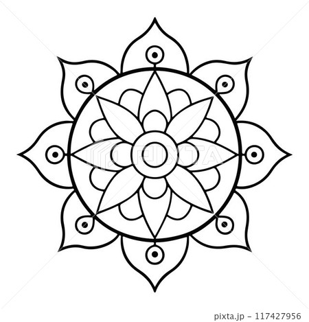 Hand-drawn mandala in vector format. A vibrantly decorated mandala. Separate flower decoration with a tribal theme. An anti stress coloring page for a coloring book.  117427956