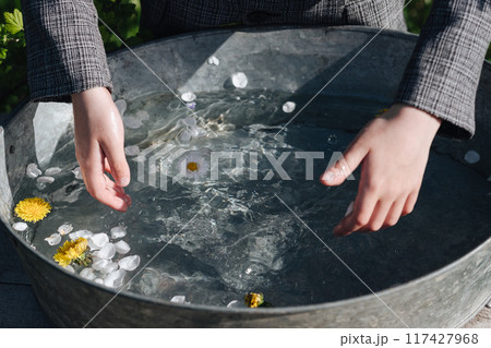 hands of a boy washing them in a basin with water from flower petals. Tender photo with hands, water and daisies 117427968