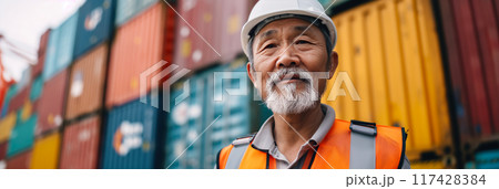 Chinese worker standing in front of stacked shipping containers. Container terminal - freight shipping background. International trade banner. Import export concept. 117428384