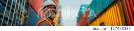 Indian worker standing in front of stacked shipping containers. Container terminal - freight shipping background. International trade banner. Import export concept. Indian worker standing in front of stacked shipping containers. Container terminal - freight shipping background. International trade banner. Import export concept. 117428387