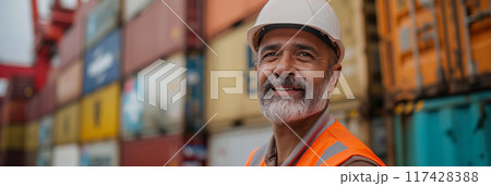 Indian worker standing in front of stacked shipping containers. Container terminal - freight shipping background. International trade banner. Import export concept. 117428388