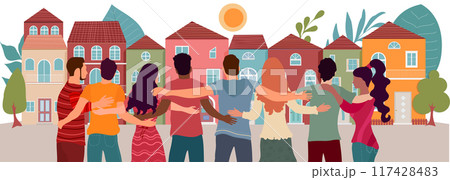 Community and sharing between neighbors. Neighborhood concept meeting or acts of care - care jobs. Group of embracing multicultural people seen from behind with a background of houses Community and sharing between neighbors. Neighborhood concept meeting or acts of care - care jobs. Group of embracing multicultural people seen from behind with a background of houses 117428483