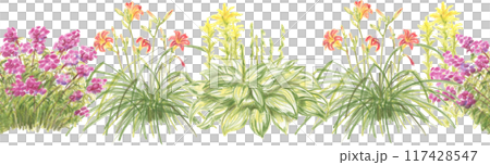 Seamless pattern of floral elements drawn with colored pencilsFlowering and herbaceous plants of different shapes, flowerpots and garden tools. Seamless pattern of floral elements drawn with colored pencilsFlowering and herbaceous plants of different shapes, flowerpots and garden tools. 117428547