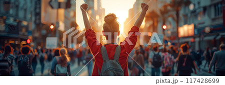 Young woman leads crowd in protest Shouting and raising fists in the street. 117428699