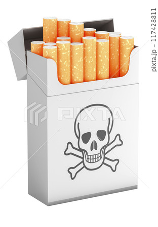 Dangers of smoking, concept. Cigarette pack with skull and crossbones. 3D rendering Dangers of smoking, concept. Cigarette pack with skull and crossbones. 3D rendering 117428811