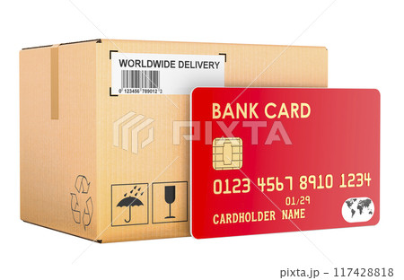 Parcel with credit card. Cashless payment for delivery, concept. 3D rendering Parcel with credit card. Cashless payment for delivery, concept. 3D rendering 117428818