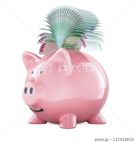 Piggy bank with euro bills, 3D rendering Piggy bank with euro bills, 3D rendering 117428819
