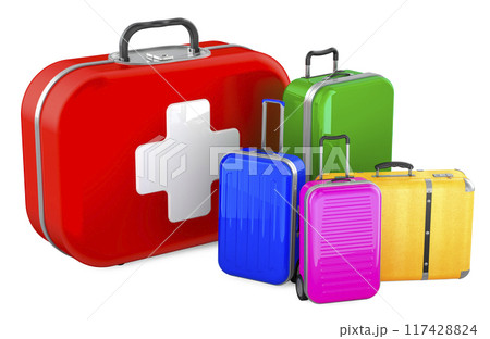 Travel First Aid Kit, concept. First aid kit with suitcases, 3D rendering 117428824