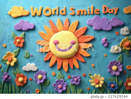 Colorful celebration artwork for World Smile Day featuring a bright sun with flowers and clouds on a vibrant blue background. Generative AI 117429144