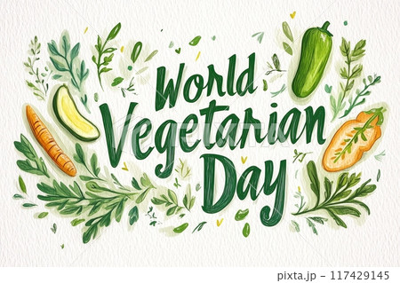 World Vegetarian Day illustration featuring fresh vegetables and leafy greens on a textured background. Generative AI 117429145