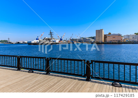 神奈川県　横須賀市　ヴェルニー公園から見た 海上自衛隊 横須賀基地 117429185