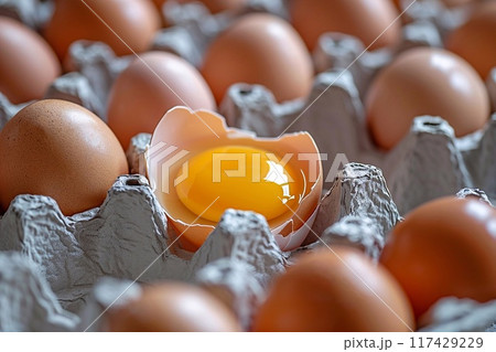 Close-up of a broken egg among whole ones in a cardboard package. 117429229