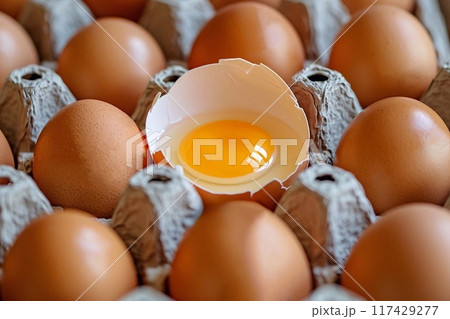 One broken chicken egg among other whole and strong chicken brown eggs One broken chicken egg among other whole and strong chicken brown eggs 117429277
