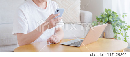 家でテレワークをするビジネスマン 家でテレワークをするビジネスマン 117429862