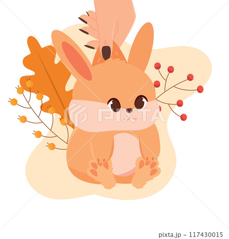 Hand holding cute autumn bunny with leaves, Vector Hand holding cute autumn bunny with leaves, Vector 117430015