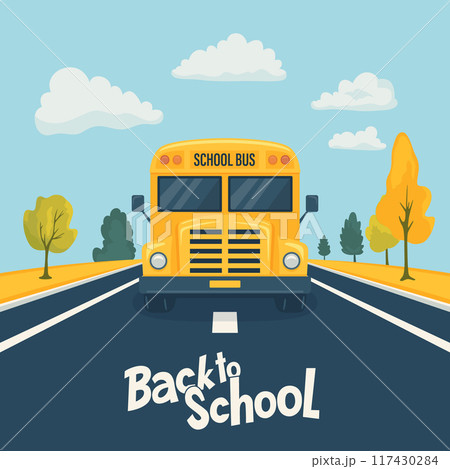 Cartoon School Bus Driving on Road, Front View. Back to School Concept Banner. Yellow School Bus Illustration. Back to School Bus. Vector Illustration 117430284
