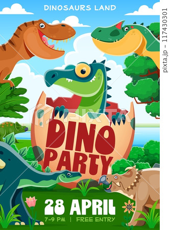 Kids dino party flyer with funny prehistoric dinosaurs, vector cartoon poster background. Kids party invitation flyer for birthday or music entertainment and summer event with funny Jurassic dinosaurs Kids dino party flyer with funny prehistoric dinosaurs, vector cartoon poster background. Kids party invitation flyer for birthday or music entertainment and summer event with funny Jurassic dinosaurs 117430301