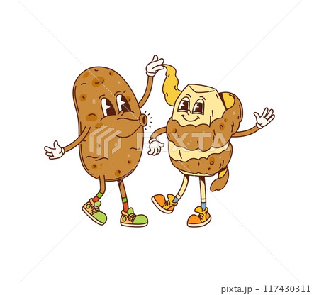 Potato retro groovy barbeque characters. Isolated cartoon vector adorable ripe farm vegetable funky bbq personages. Peeled and unpeeled potato veggies carefree dancing at picnic party with happy faces Potato retro groovy barbeque characters. Isolated cartoon vector adorable ripe farm vegetable funky bbq personages. Peeled and unpeeled potato veggies carefree dancing at picnic party with happy faces 117430311