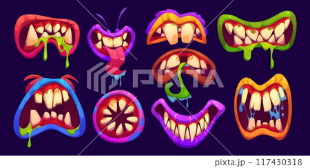 Halloween monster mouth with drool jaws and saliva tongue. Cartoon vector spooky lips and maws in vibrant red, blue, green or purple colors. Playful, fun and eerie alien, zombie or monster mouths 117430318