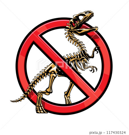 Dinosaur warning sign. Vector prohibition emblem with crossed dinosaur skeleton inside of red circle. Cautionary label for dino park area warnings, paleo museums, exhibitions or prehistoric themes Dinosaur warning sign. Vector prohibition emblem with crossed dinosaur skeleton inside of red circle. Cautionary label for dino park area warnings, paleo museums, exhibitions or prehistoric themes 117430324