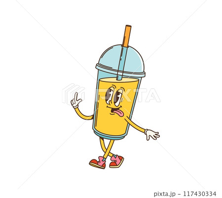 Retro cartoon groovy juice drink character with expressive eyes and playful tongue sticking out. Isolated vector orange juice plastic cup with lid and straw, wearing sneakers and striking a fun pose 117430334