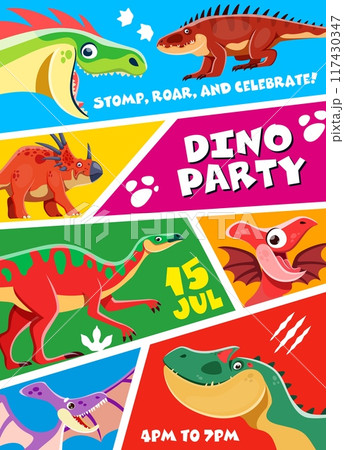 Kids dino party flyer with dinosaurs or funny cartoon dino, vector invitation poster background. Kids party flyer for birthday or music entertainment and summer event with cute Jurassic dinosaurs 117430347
